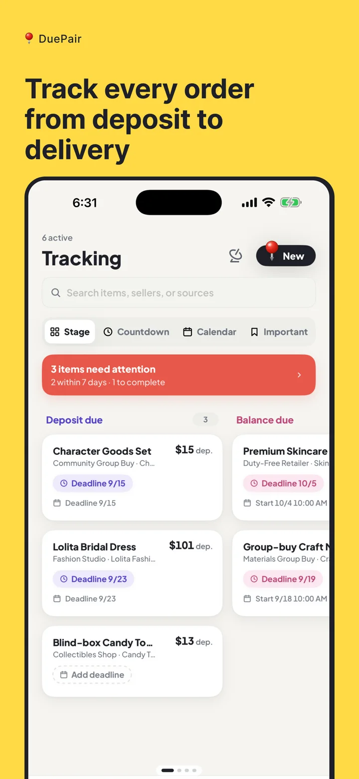 DuePair App Store screenshot showing deposit, balance and delivery in four stages