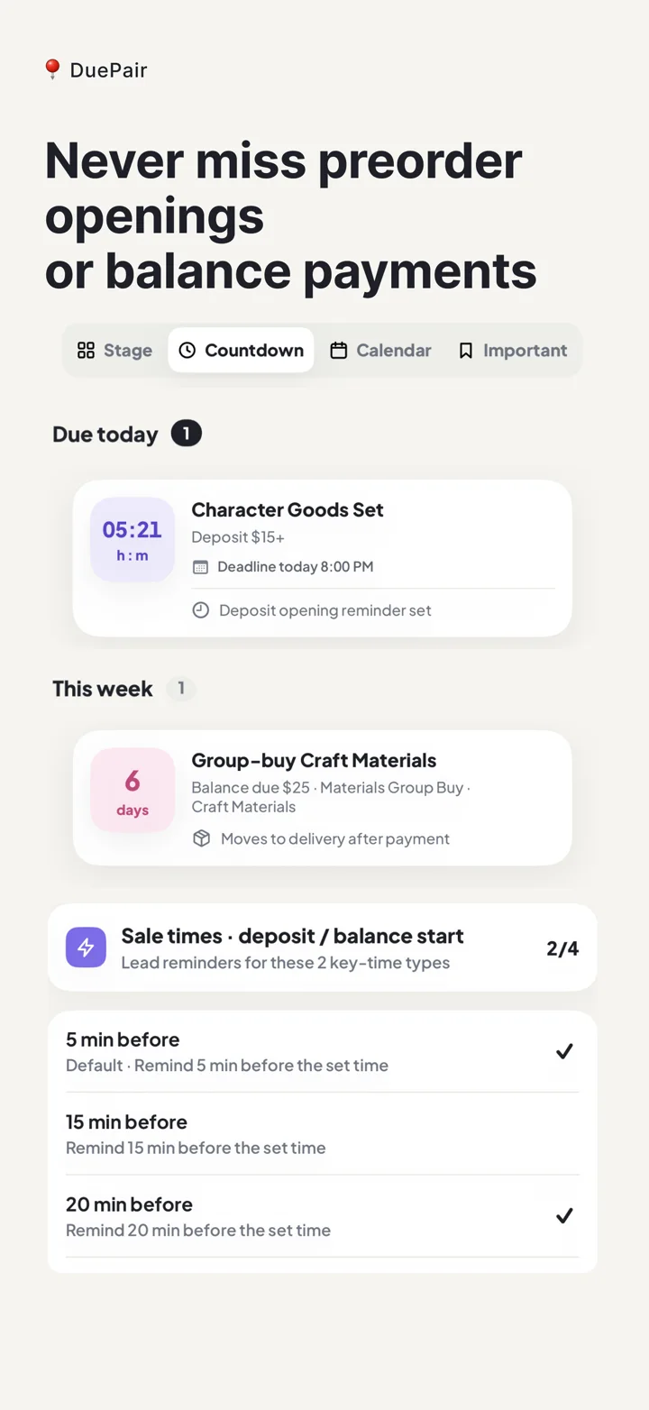 DuePair App Store screenshot showing multiple reminders for preorder opening and balance payment