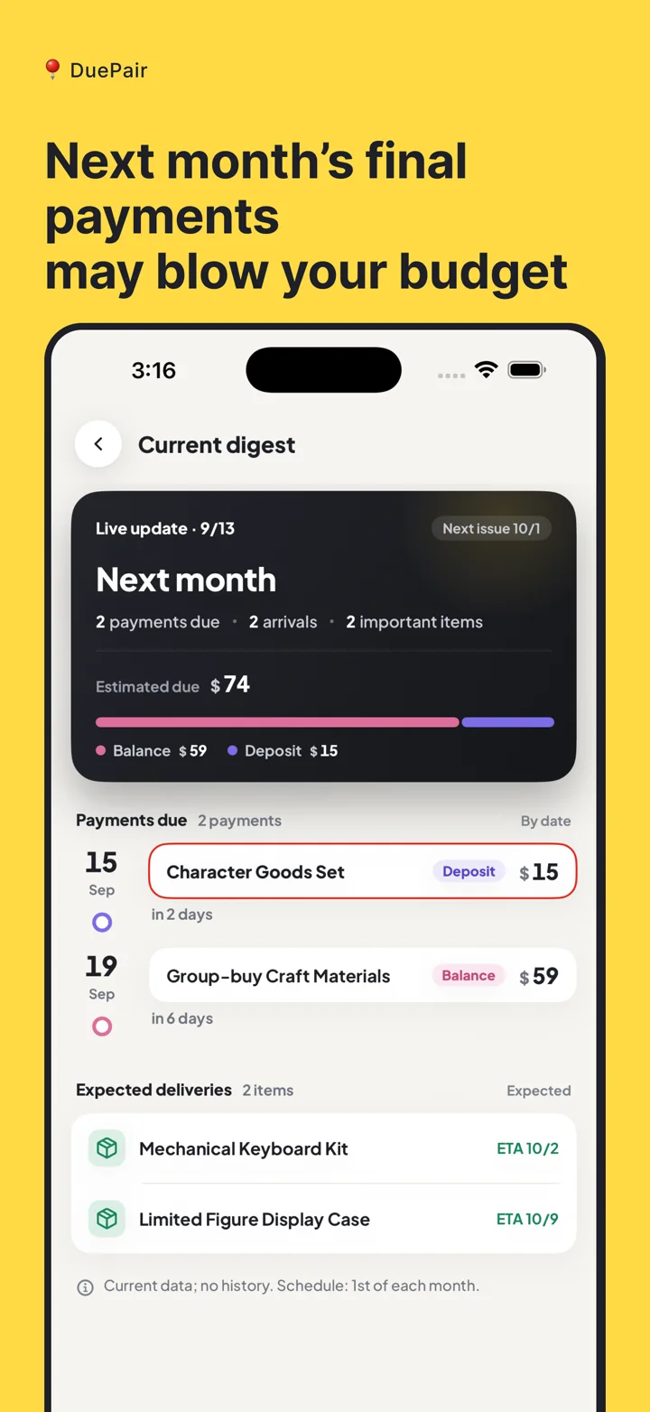 DuePair App Store screenshot summarizing next month’s balances and expected deliveries