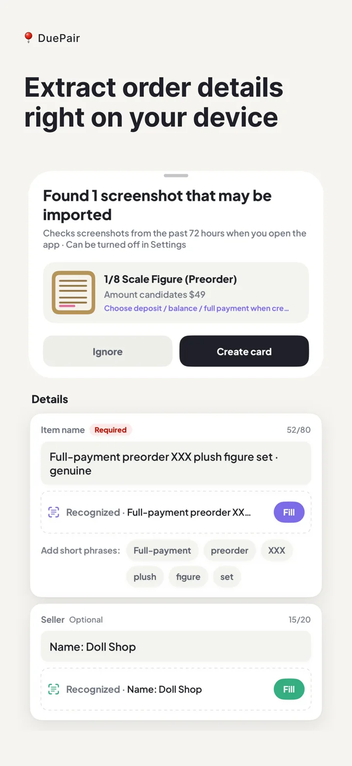 DuePair App Store screenshot showing on-device extraction from an order screenshot