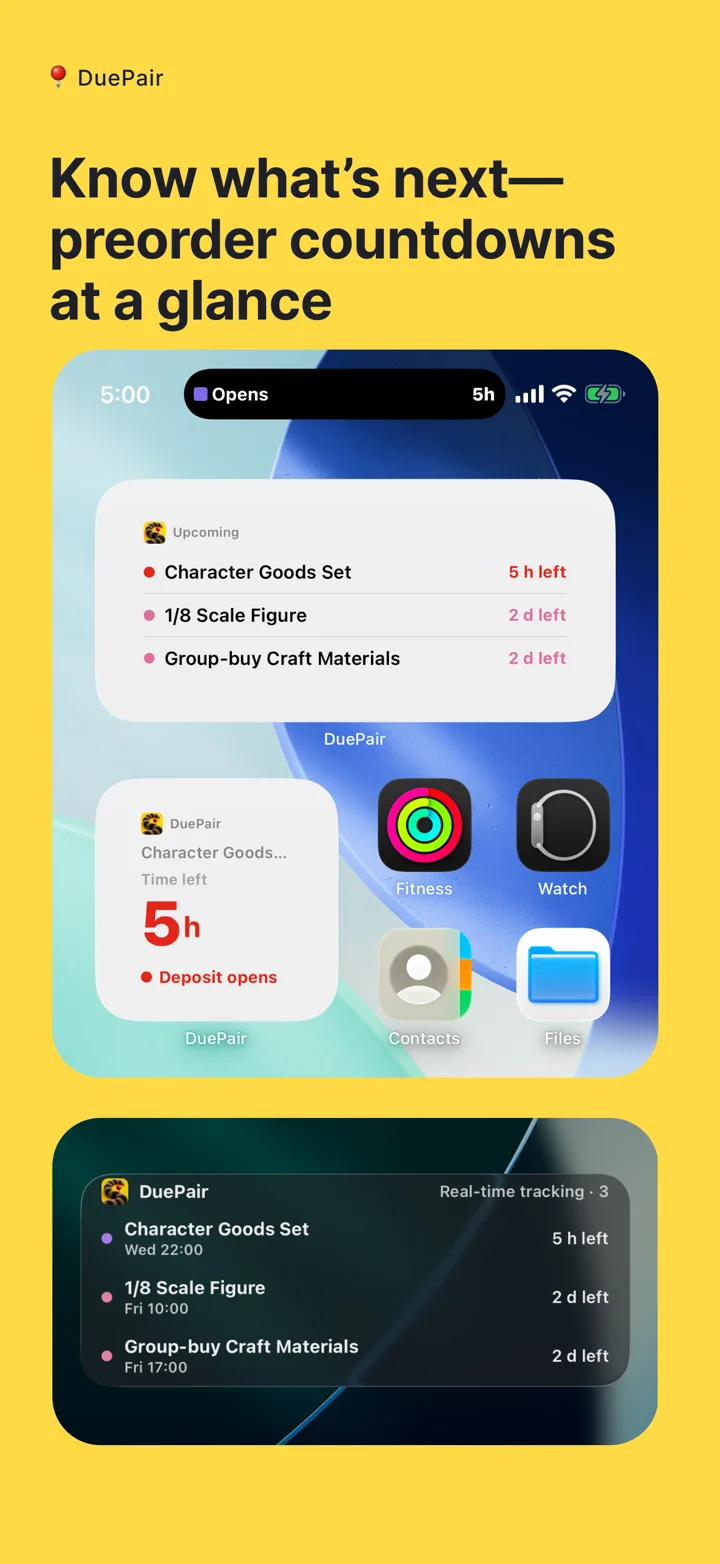 DuePair App Store screenshot showing Live Activities on the Lock Screen, Dynamic Island and widgets