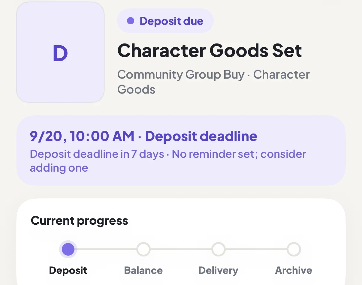 DuePair product detail showing deposit due, its deadline and four-stage progress