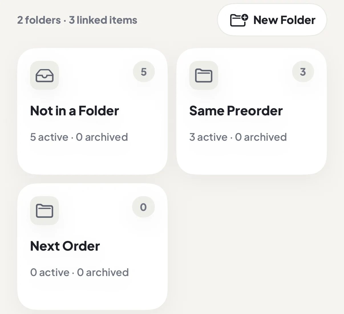 DuePair folder view grouping items by set, preorder batch or store