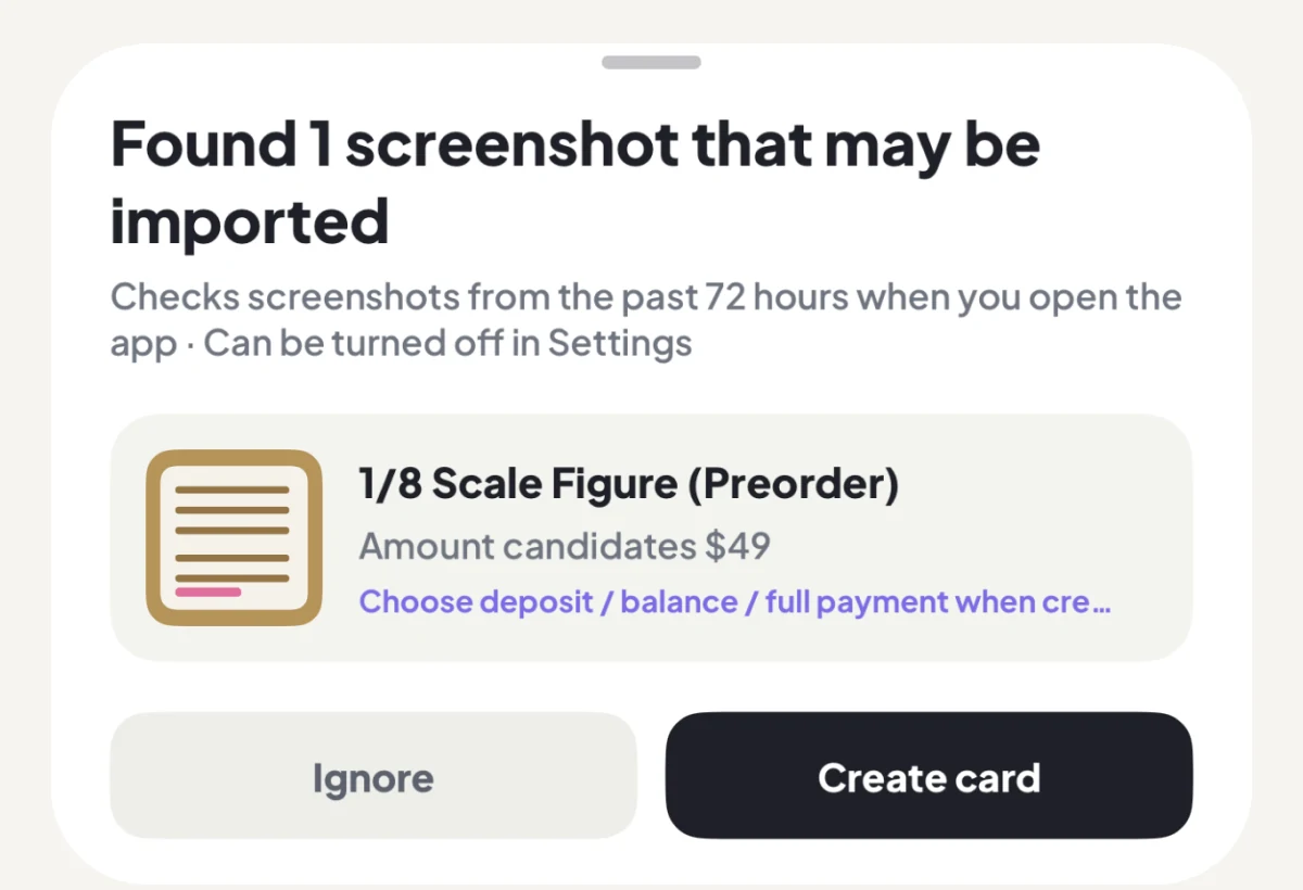 DuePair finds a recent screenshot at launch and asks whether to ignore it or create a card