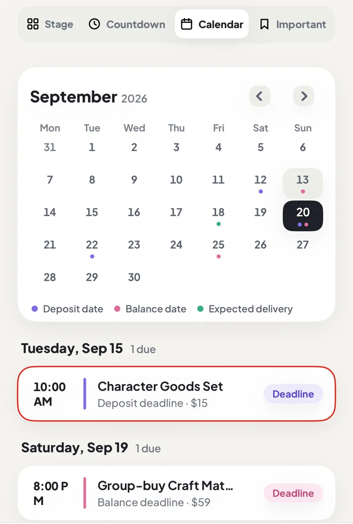 DuePair calendar showing the month plus deposit and balance event cards below