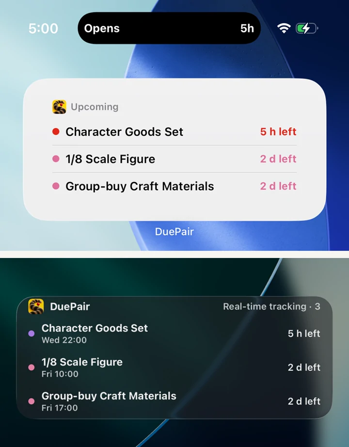 DuePair upcoming dates shown in an iOS Home Screen list widget and a Lock Screen Live Activity