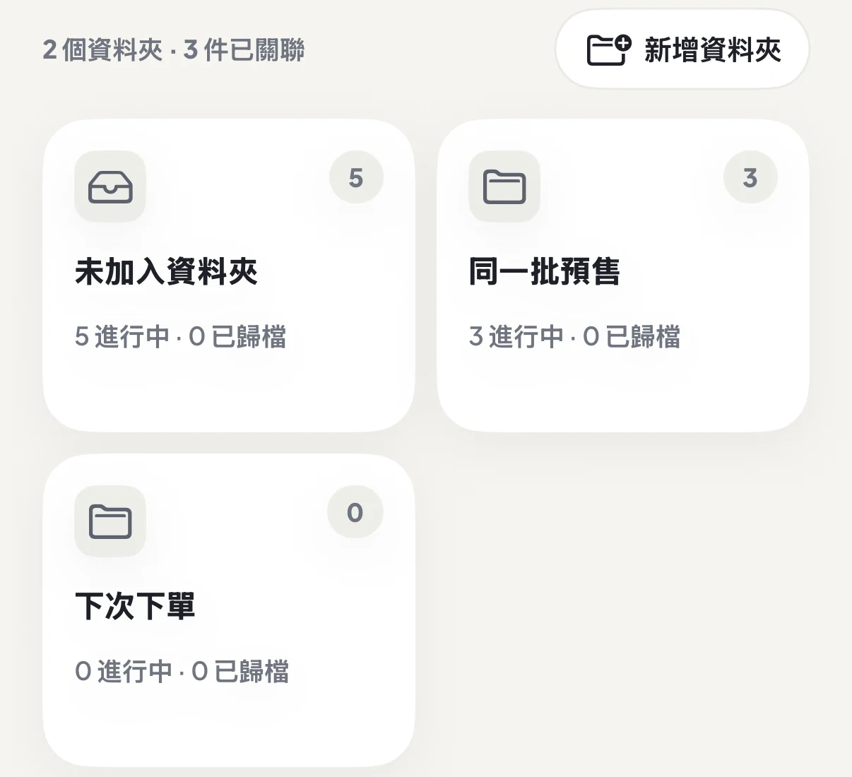 定尾追蹤資料夾視圖，依套組、團次或店家整理商品